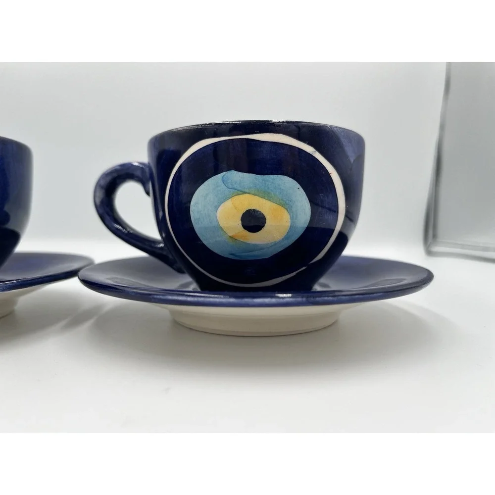 Papart Evil Eye Cup & Saucer Set Blue Nazar Mug Handpainted Ceramic